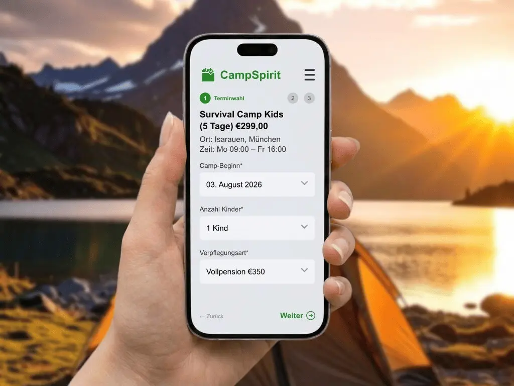 Online Anmeldeformular für Feriencamps auf Smartphone zur digitalen Erfassung von Teilnehmerdaten und Einverständniserklärungen