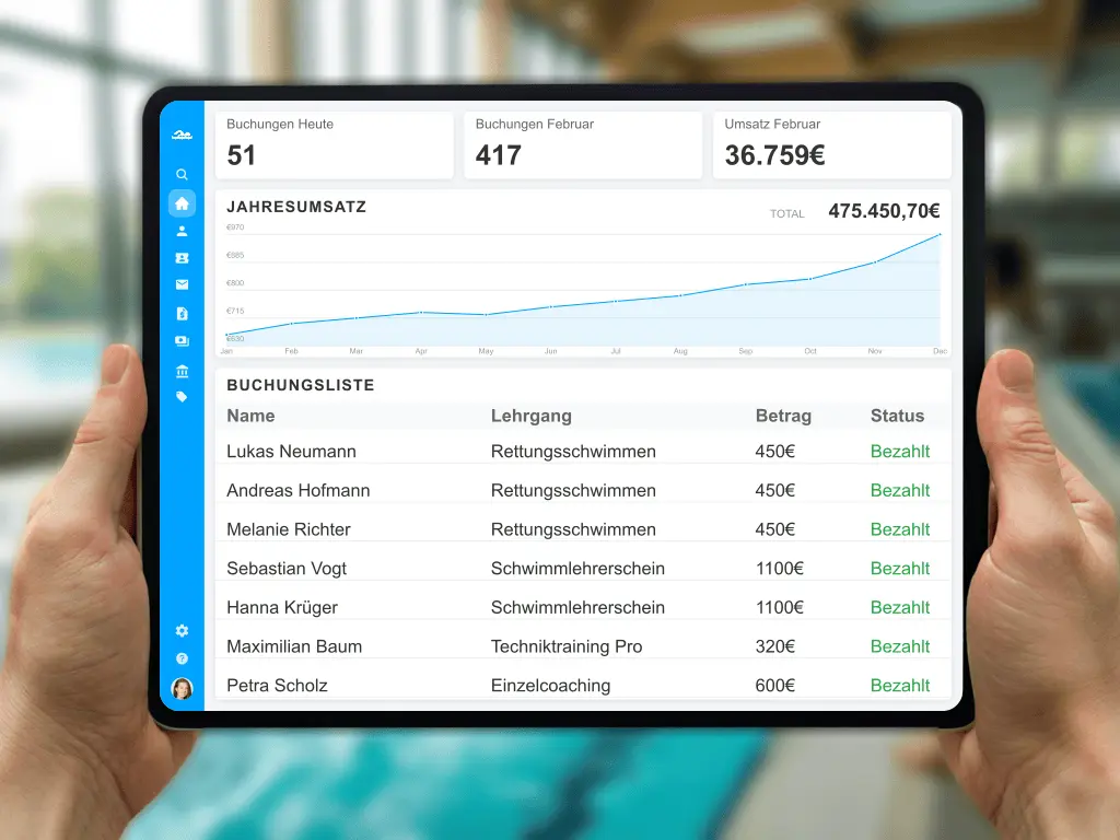 Schwimmabzeichen Urkunden und digitale Teilnehmerliste für Schwimmlehrer am Beckenrand