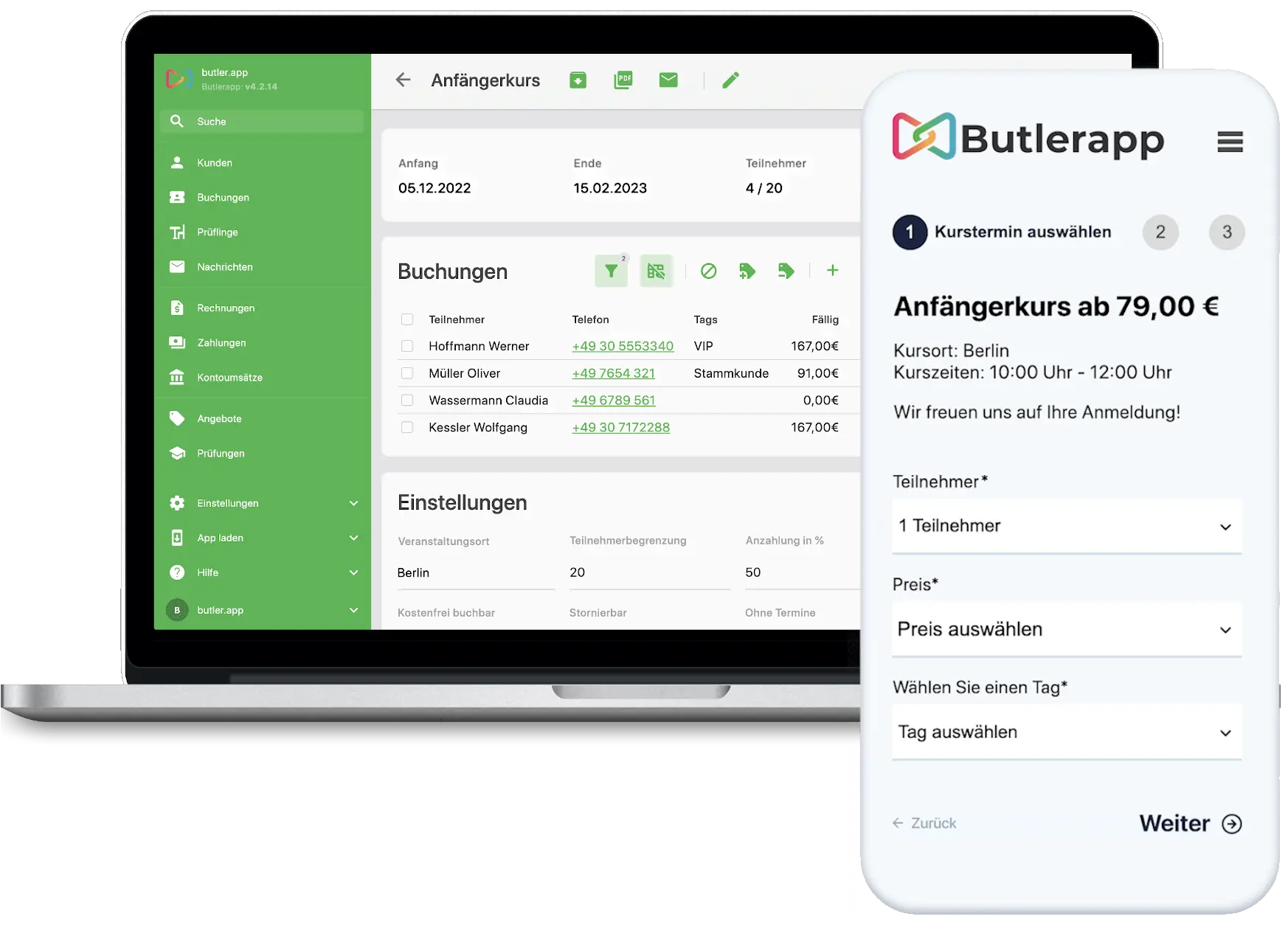 Laptop mit geöffneter Online Kursanmeldung und Kalender zur digitalen Verwaltung von Seminaren und Workshops